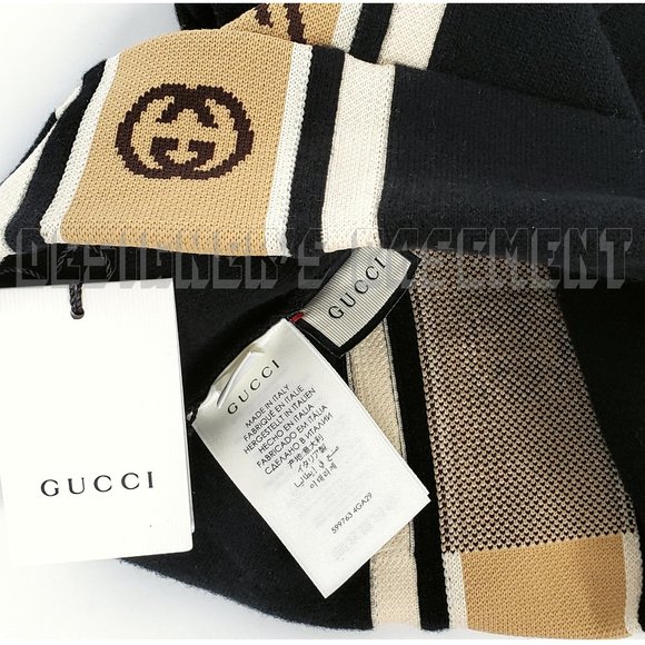 GUCCI black with beige INTERLOCKING G logo stripe wool oversized Beanie hat M-58 main image 4